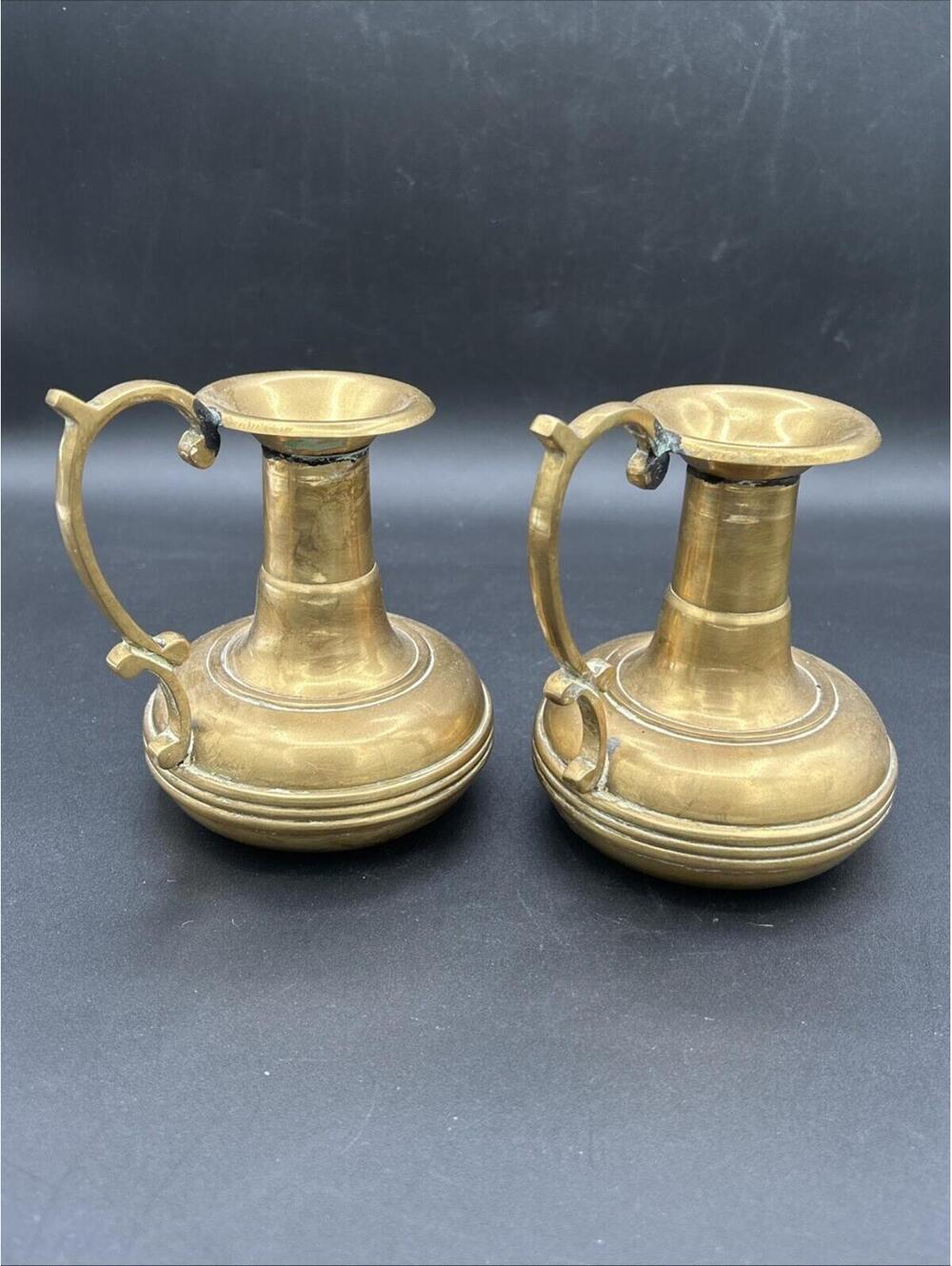 Brass Candle Holders and Decor with Ornate Handles, Pair (2), Made in India